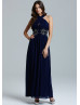 Navy Blue Chiffon Beads Cross Neckline Long Prom Dress